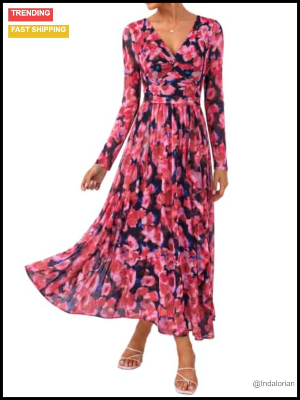 Womens Long Sleeve Floral Mesh Maxi Dress V-Neck Twist Front A-Line